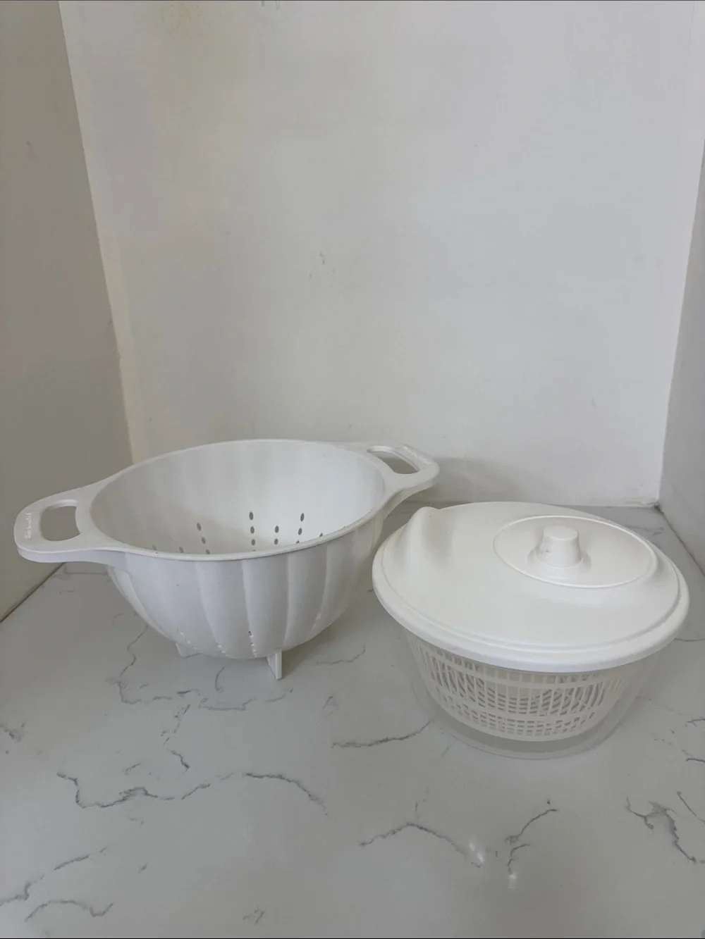 White IKEA Plastic Salad Spinner and KitchenAid Colander Set